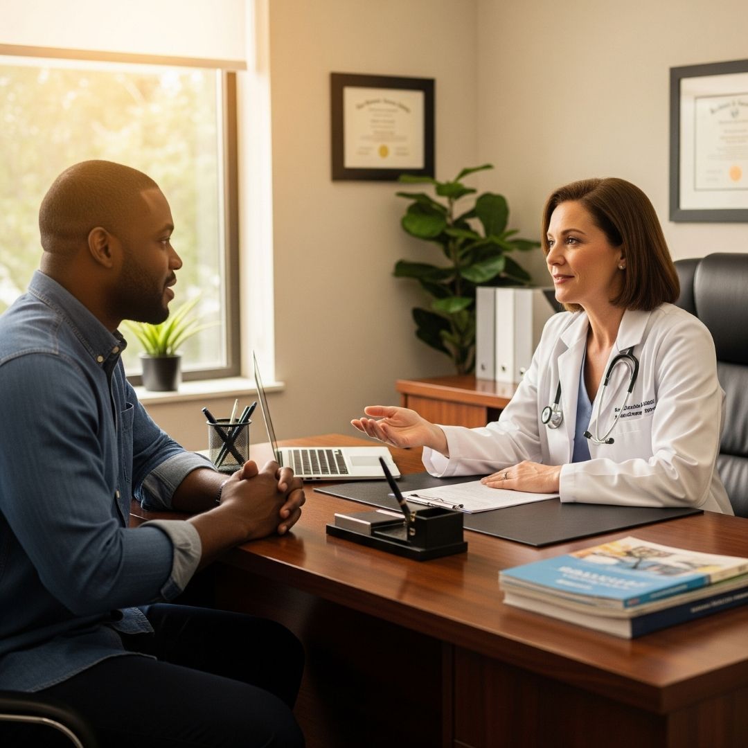 Female doctor speaking with a male patient.